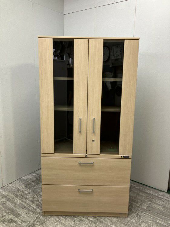 オカムラ役員室用2段ラテラル・ガラス両開き上下書棚 商品画像1