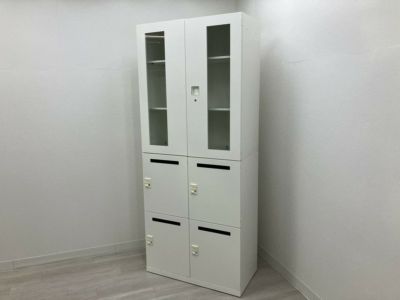 オカムラ ガラス両開き4人用パーソナルロッカー上下書庫